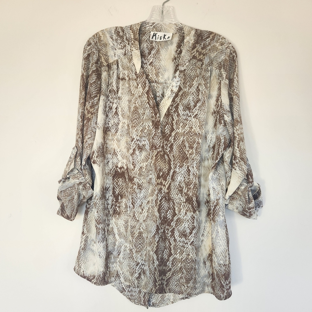 Mieka Snake Animal Print Open Back Blouse Brown Beige Sheer Flowy Top Mobwife L - Picture 3 of 12